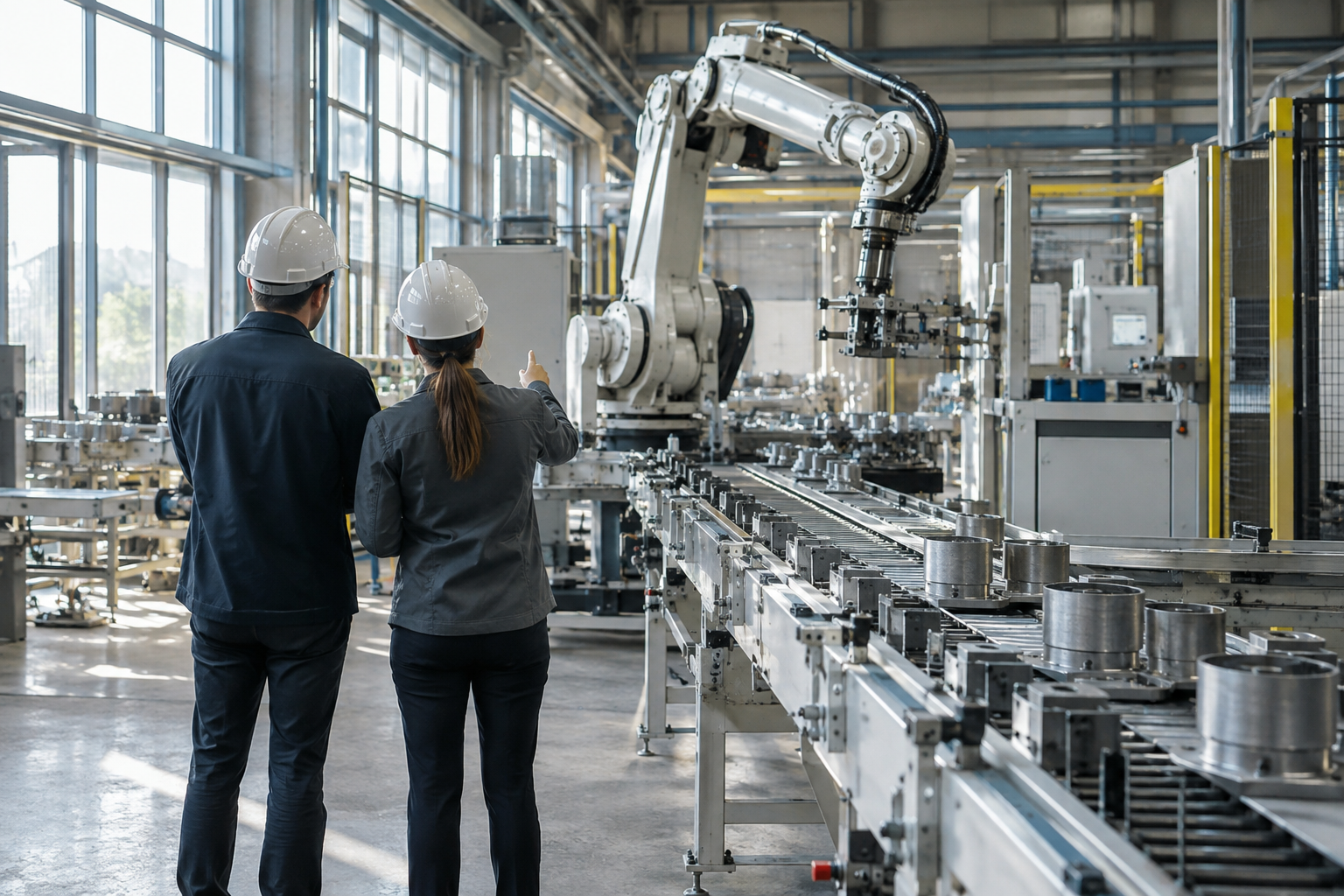 Engineers viewed from behind inspect a robotic arm beside a conveyor in a naturally lit industrial facility.
