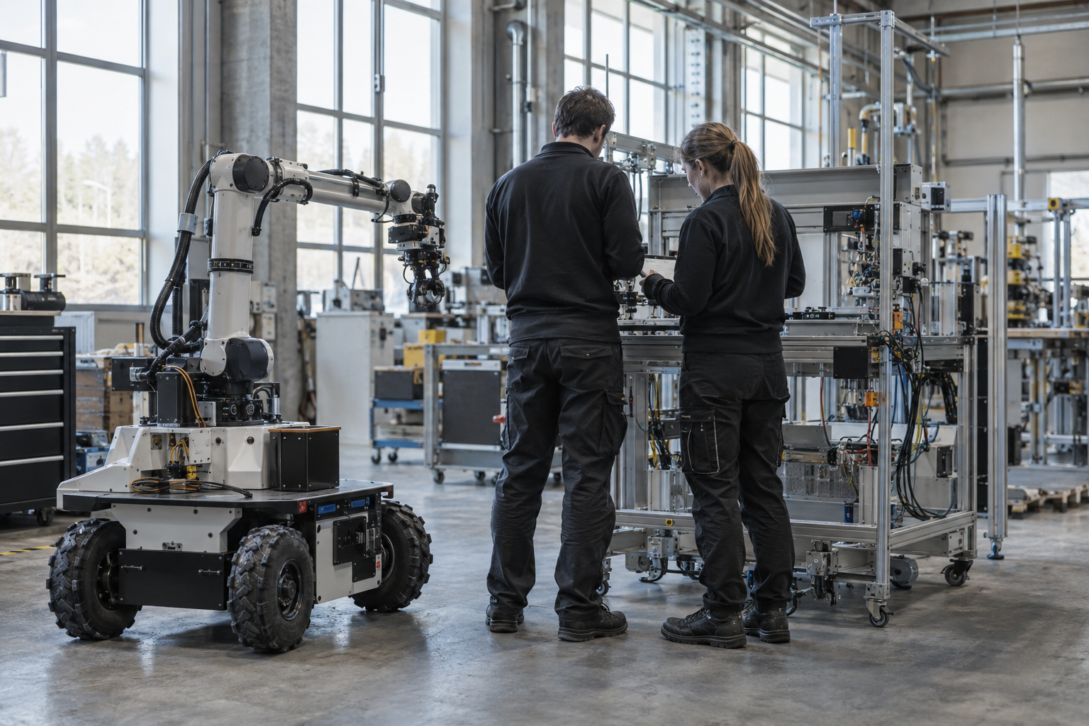 Engineers inspect a wheeled robotic platform beside an assembly station in a naturally lit industrial workshop.